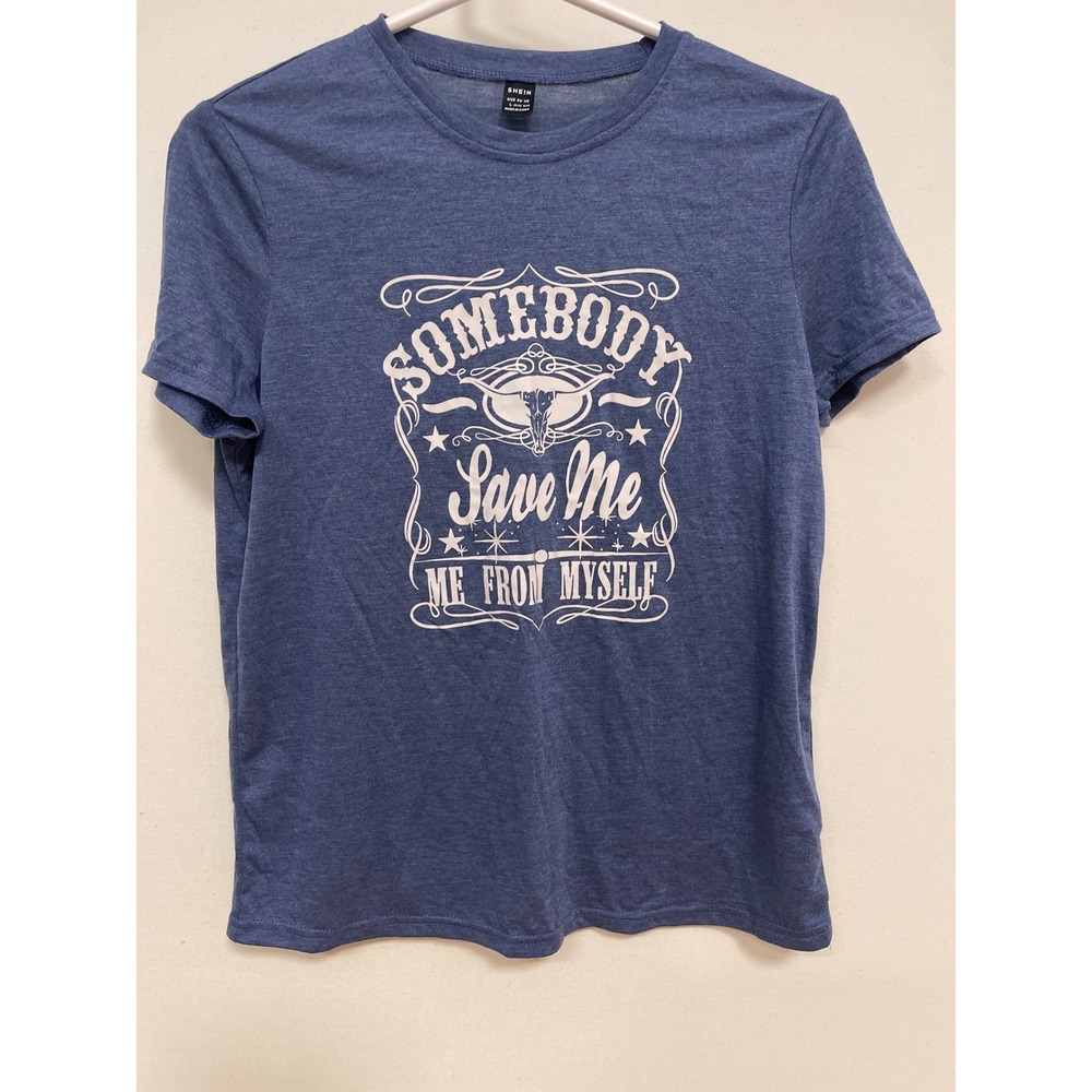 SHEIN Blue Heather Graphic Tee Somebody Save Me From Myself Western Longhorn L